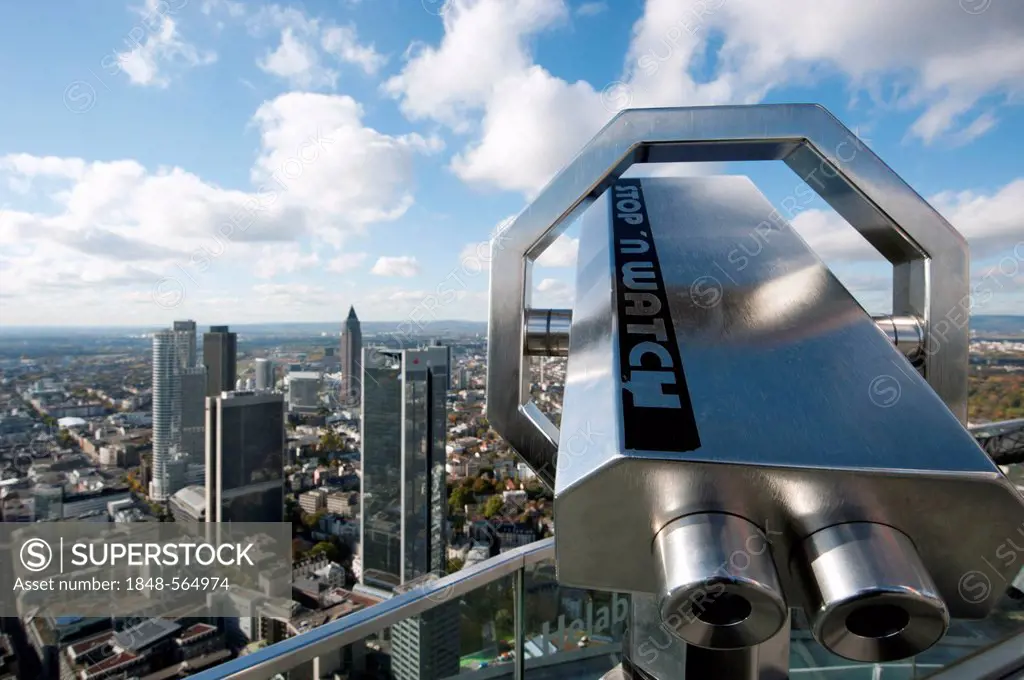 Stop'n Watch telescope on the Maintower, view of the skyscrapers in the financial district, Frankfurt am Main, Hesse, Germany, Europe
