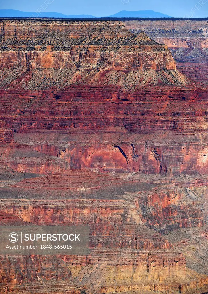 View of different rock strata from Hopi Point Lookout, Grand Canyon National Park, Mount Trumbull at back, South Rim, Arizona, United States of Americ...