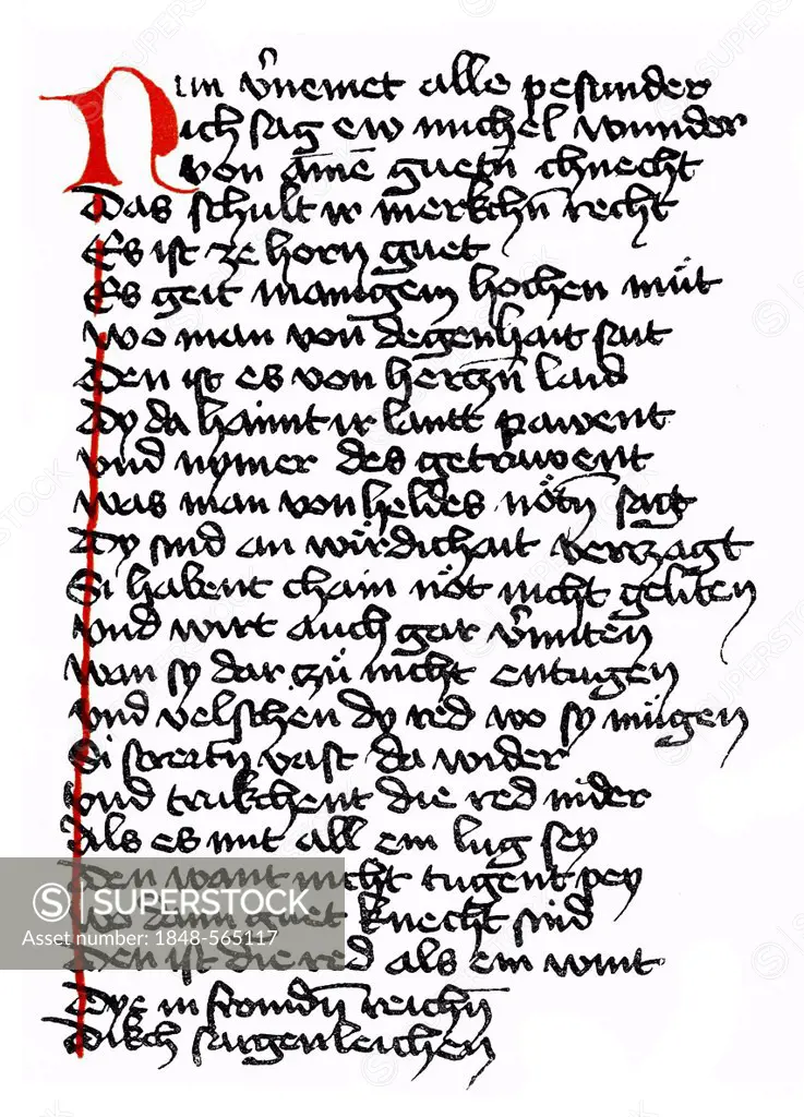 Historical print, manuscript, Duke Ernst, a Middle High German verse novel or minstrel poetry of the High Middle Ages, 12th and 15th Century, from the...