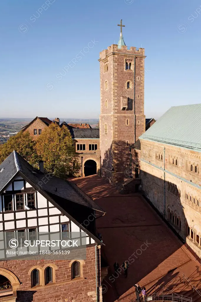 Wartburg castle near Eisenach, courtyard with keep and great hall, Thueringer Wald, Thuringia, Germany, Europe
