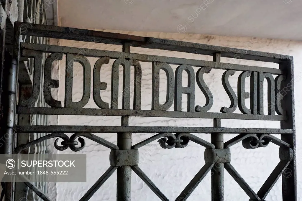 Jedem das Seine, German for to each his own motto of the camp of Buchenwald memorial, former concentration camp near Weimar, Thuringia, Germany, Europ...