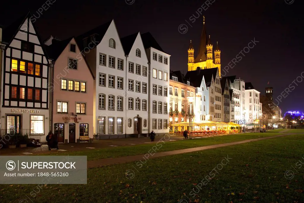 Old town on the banks of the Rhine with Gross St. Martin church, Cologne, Rhineland, North Rhine-Westphalia, Germany, Europe, PublicGround