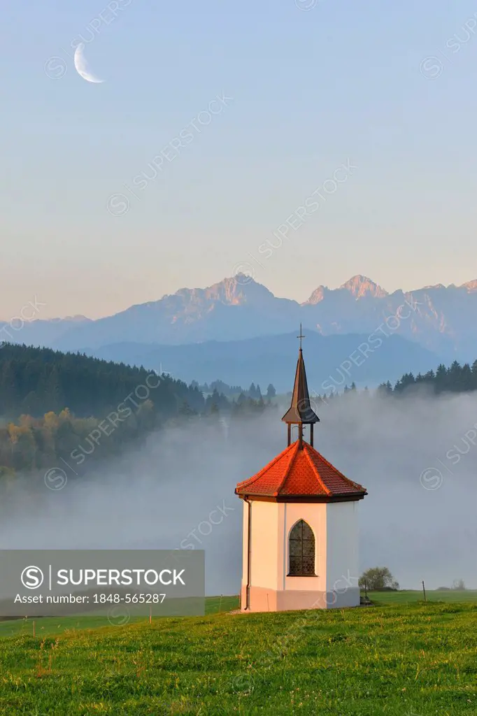 Chapel at Hegratsrieder See, lake, with moon, digital composing, near Fuessen, Allgaeu, Bavaria, Germany, Europe