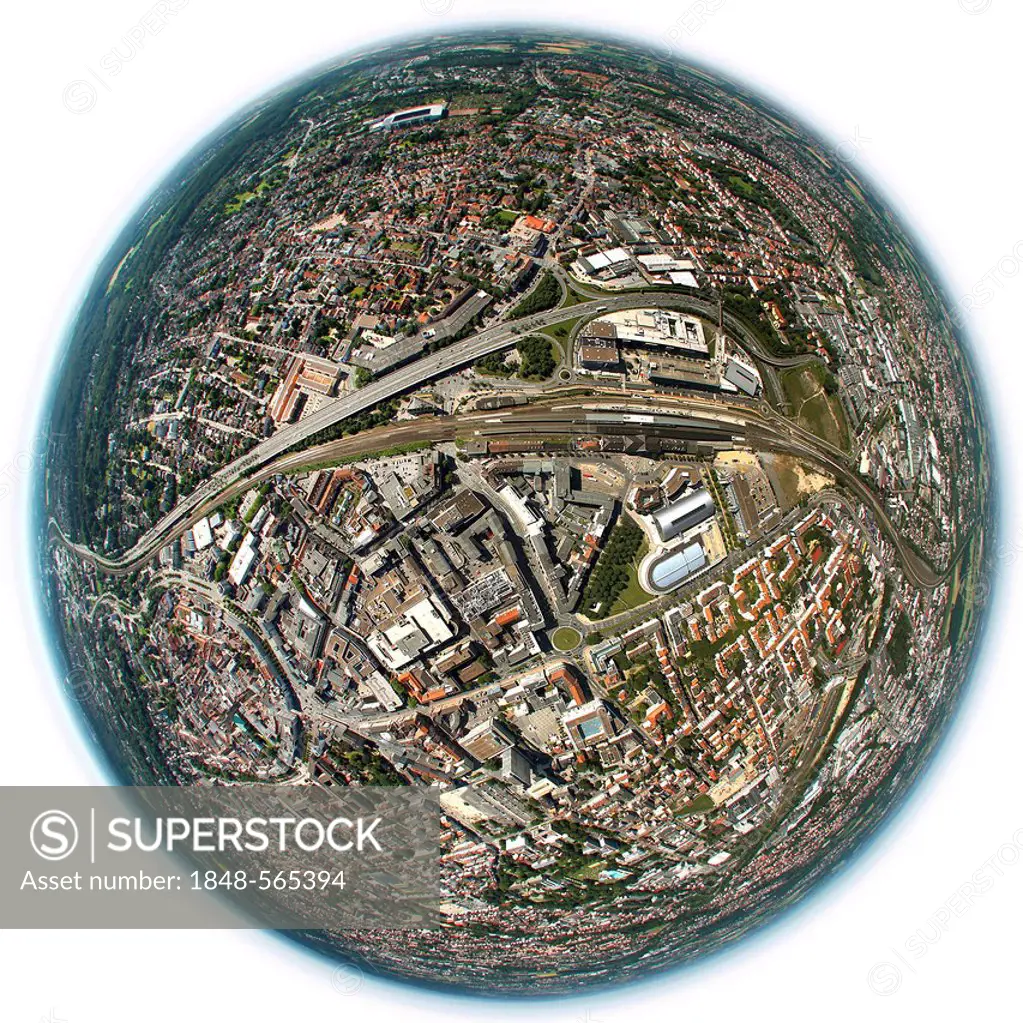 Aerial view, fisheye perspective, new station district, historic centre, Bielefeld, Ostwestfalen-Lippe, eastern Westphalia, North Rhine-Westphalia, Ge...