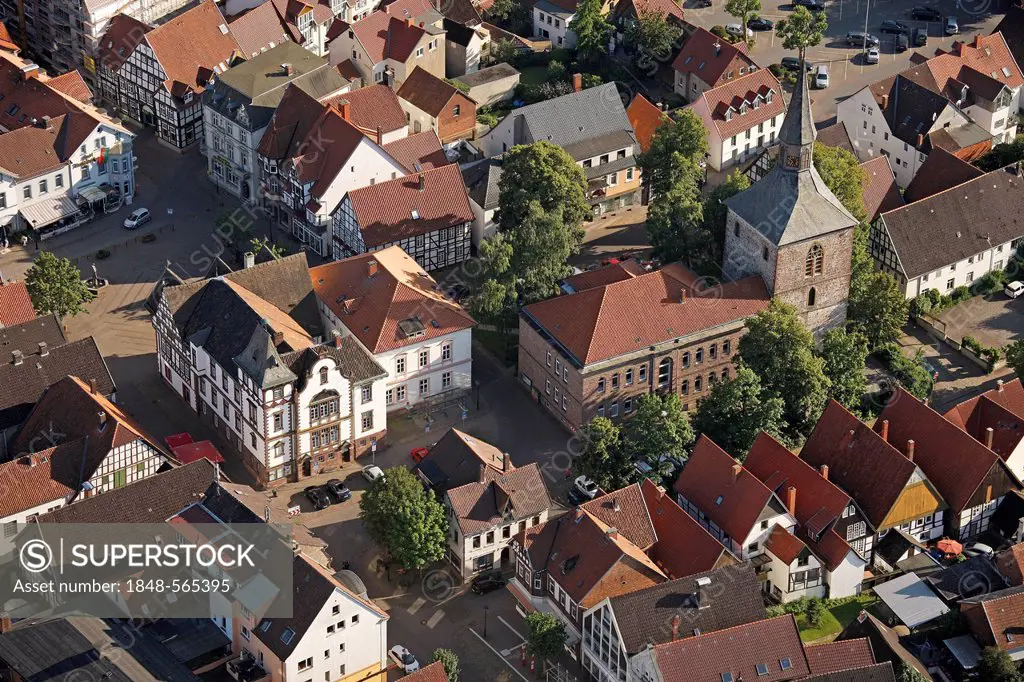 Aerial view, historic centre, former Martinikirche or St. Martin's church, Blomberg, Ostwestfalen-Lippe, eastern Westphalia, North Rhine-Westphalia, G...