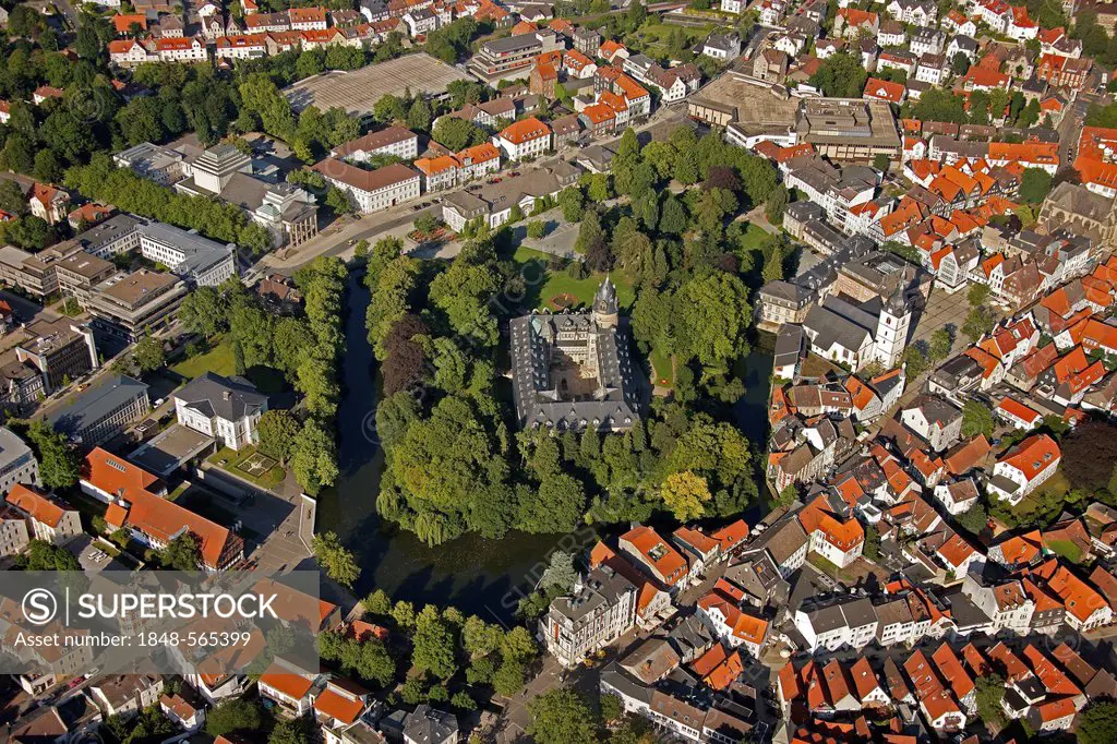 Aerial view, Fuerstliches Residenzschloss Detmold or Princely Residence castle Detmold, Ostwestfalen-Lippe, eastern Westphalia, North Rhine-Westphalia...