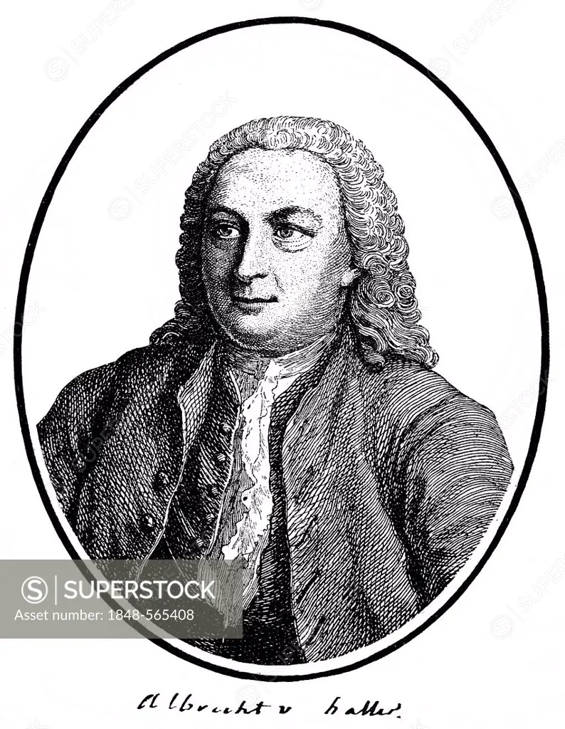 Historic print, copper engraving, 1757, portrait of Albrecht von Haller, 1708 - 1777, a Swiss doctor, botanist and science writer of the Age of Enligh...