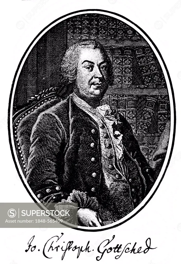 Historic print, copper engraving, 1757, portrait of Johann Christoph Gottsched, 1700 - 1766, a German writer, dramatist and literary theorists of the ...
