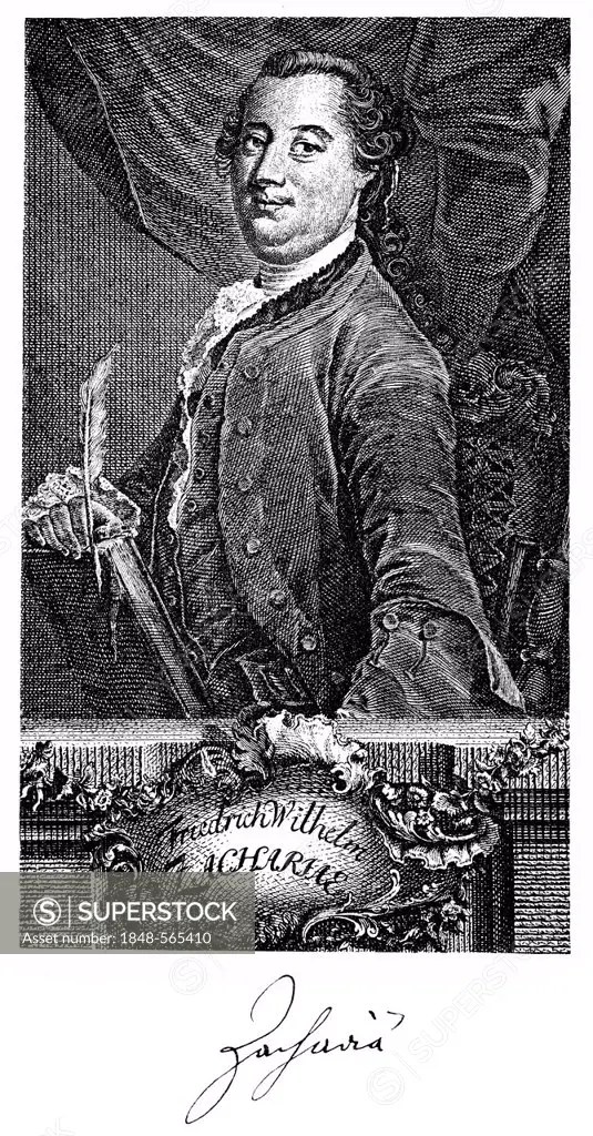 Historic print, copper engraving, 1759, portrait of Justus Friedrich Wilhelm Zachariae also known as Zachariae, 1726 - 1777, a German writer, translat...