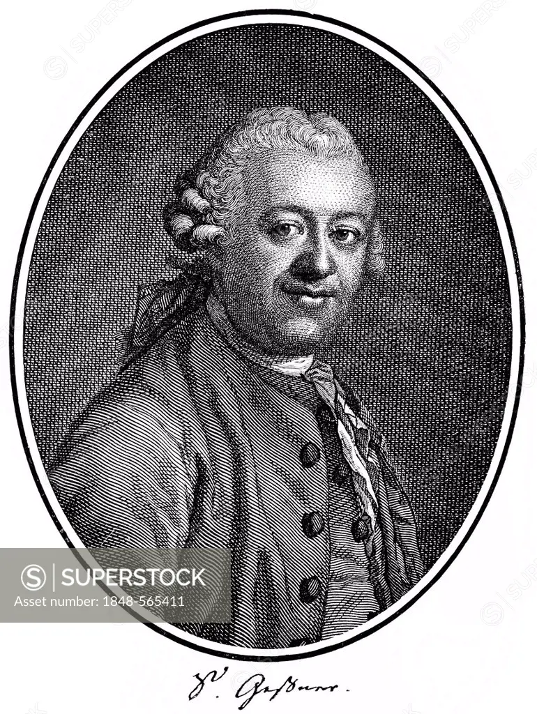 Historic print, copper engraving, 1771, portrait of Salomon Gessner, 1730 - 1788, a Swiss pastoral poet, painter and graphic artist, from Bildatlas zu...