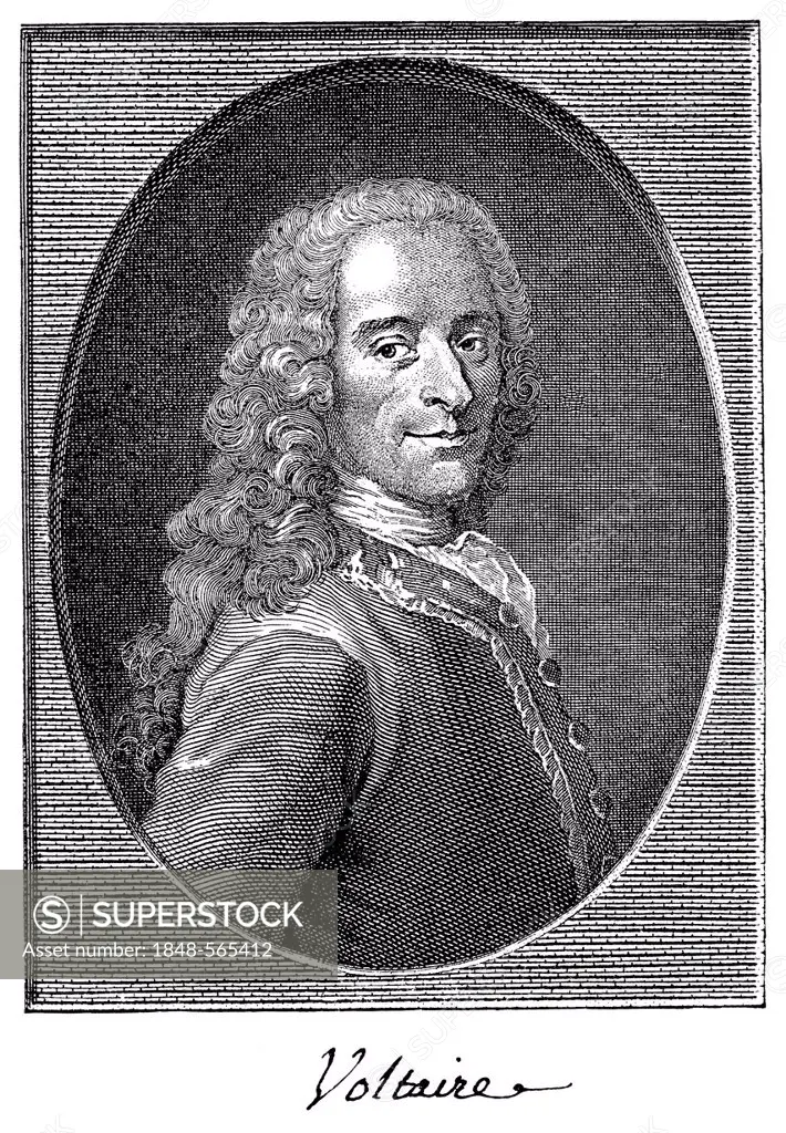Historic print, copper engraving, 1731, portrait of Voltaire also known as Francois Marie Arouet, 1694 - 1778, author of time of the French and Europe...