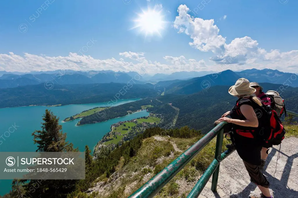Hiker taking in the views from Mt Herzogstand across Walchensee Lake, district of Bad Toelz-Wolfratshausen, Upper Bavaria, Bavaria, Germany, Europe, P...