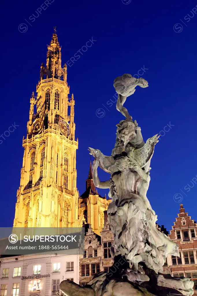 Cathedral, Brabo fountain, guild houses and gabled houses in the back, Grote Markt, historic centre of Antwerp, Flanders, Belgium, Europe