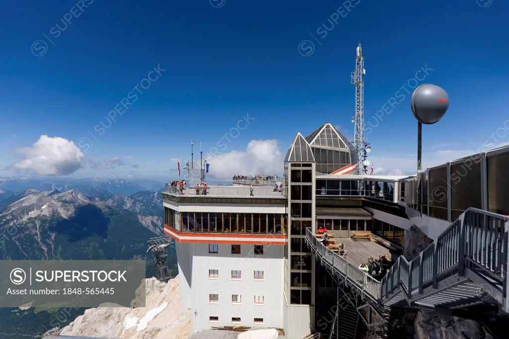 Summit house, observation deck and transmission tower of Mt Zugspitze, Wetterstein range, Bavaria, Germany, Europe