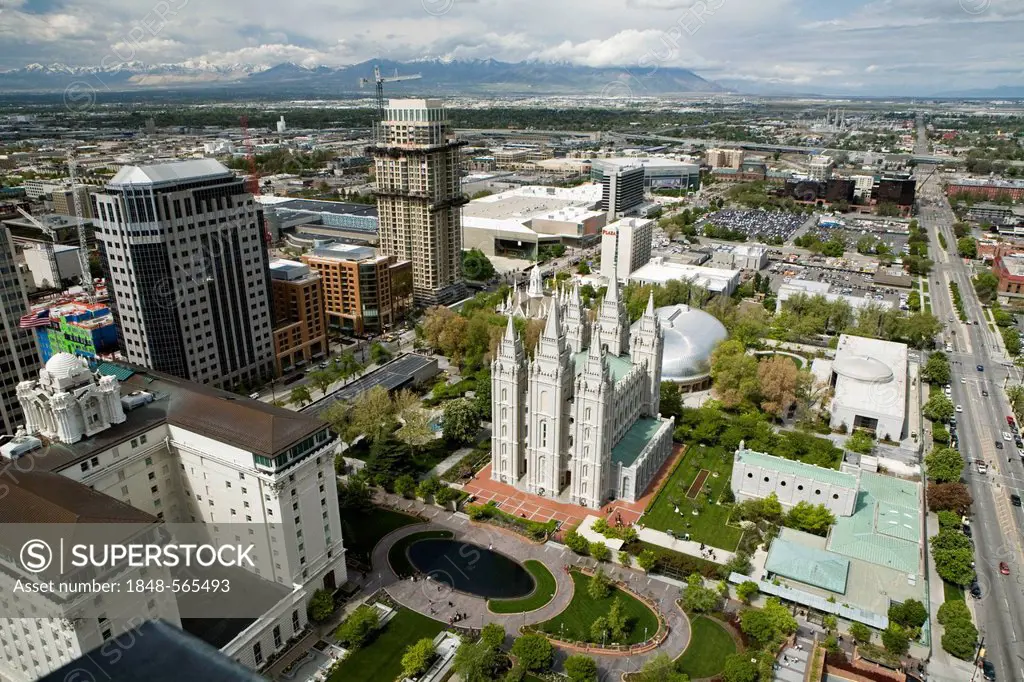 Overlooking the city centre with the Salt Lake Temple of The Church of Jesus Christ of Latter-day Saints, Mormons, and the Salt Lake Tabernacle behind...