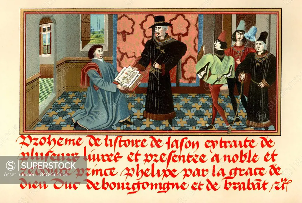 Historical print from the 19th century, from a manuscript dating from the 15th century, Raoul Lefevre also known as Raoul Le Fevre presenting his book...