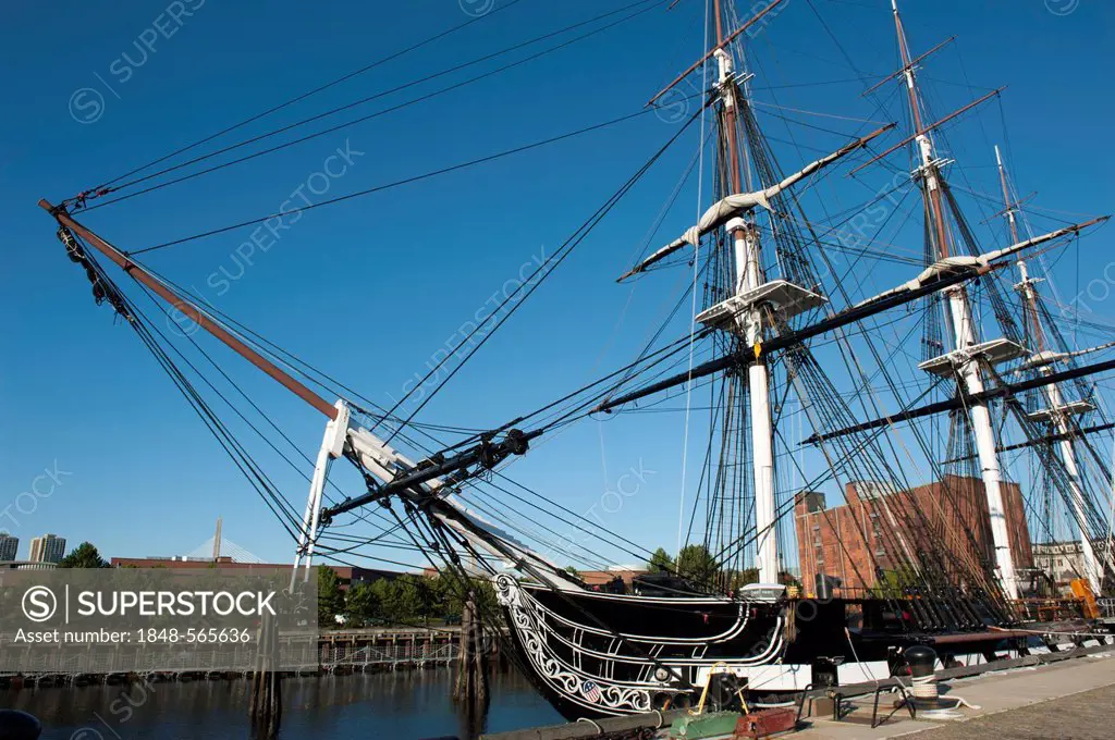USS Constitution, museum ship, bow, masts, rigging, frigate, U.S. Navy, Charlestown Navy Yard, Freedom Trail, Boston, Massachusetts, New England, USA,...