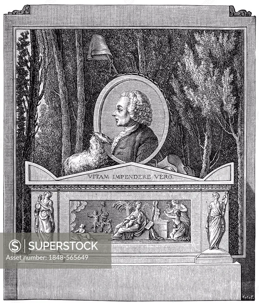 Historical print from the 19th century, Île des peupliers in Ermenonville, the grave of Jean-Jacques Rousseau, 1712 - 1778, a Swiss writer, philosophe...