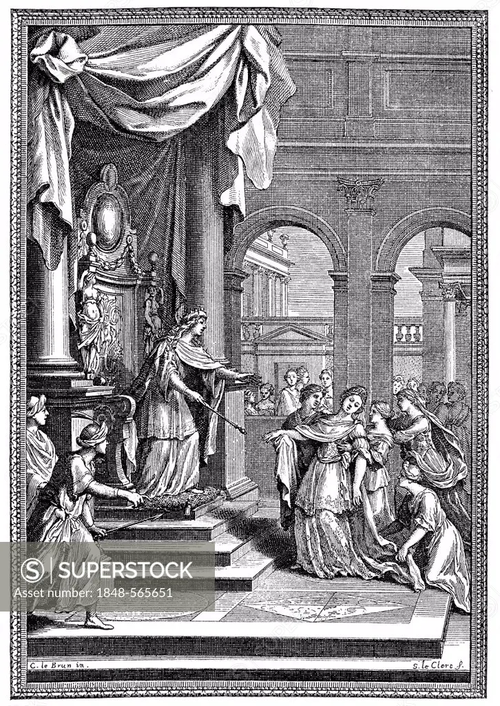 Historical print from the 19th century, scene of Esther, 1689, by Jean Baptiste Racine, 1639 - 1699, an author of French classicism