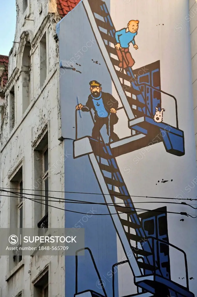 Graffiti, Tintin mural on a wall, inner city, Brussels, Belgium, Benelux, Europe, PublicGround