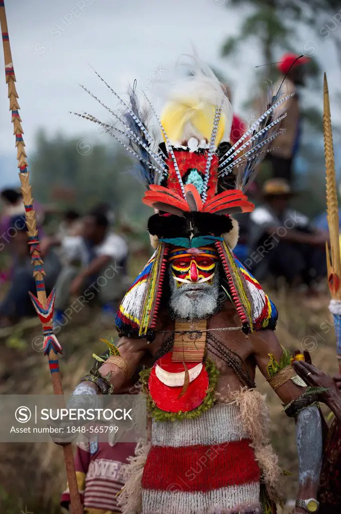 Man of Mendi from the Southern Highlands, with headdress of King of Saxony plumes and breast shield of Superb Bird of Paradise plus plumes from Blue b...
