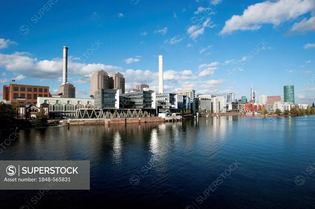 View of Frankfurt's Westhafen harbour, the Main River and high-rise buildings, Frankfurt am Main, Hesse, Germany, Europe