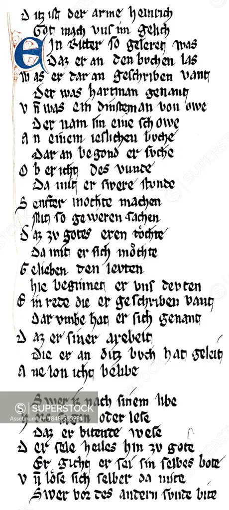 Historic print, manuscript, Hartmann von Aue, epic poet of the Middle High German classical period around 1200, narrative verse, Poor Henry, complaint...