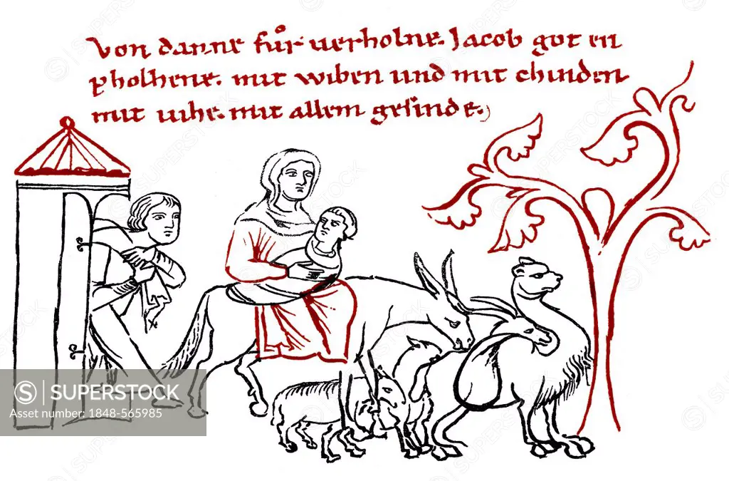 Historic print, Jacob's Departure, Millstaett Manuscript, an illustrated manuscript written in southern Bavarian Early Middle High German, 12th Centur...