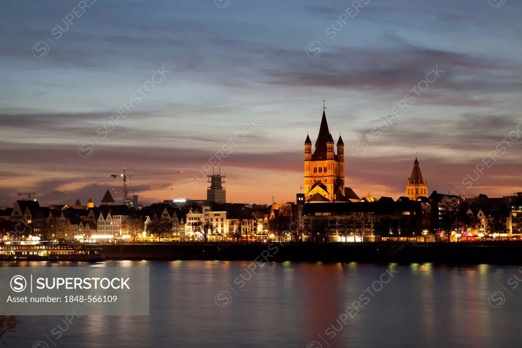 Bank of the Rhine with Gross St. Martin church on the old town, Cologne, Rhineland, North Rhine-Westphalia, Germany, Europe, PublicGround