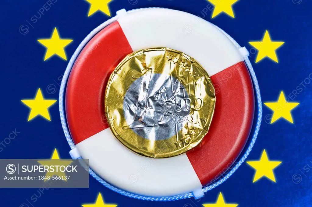 Euro coin made from crumpled foil on a life buoy and the EU flag, symbolic image, rescue of the euro