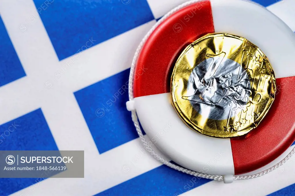 Euro coin made from crumpled foil on a life buoy and the Greek flag, symbolic image, euro rescue for Greece