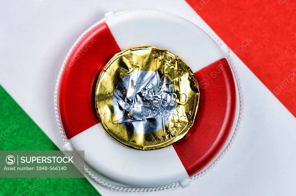 Euro coin made from crumpled foil on a life buoy and the Italian flag, symbolic image, Italian debt crisis