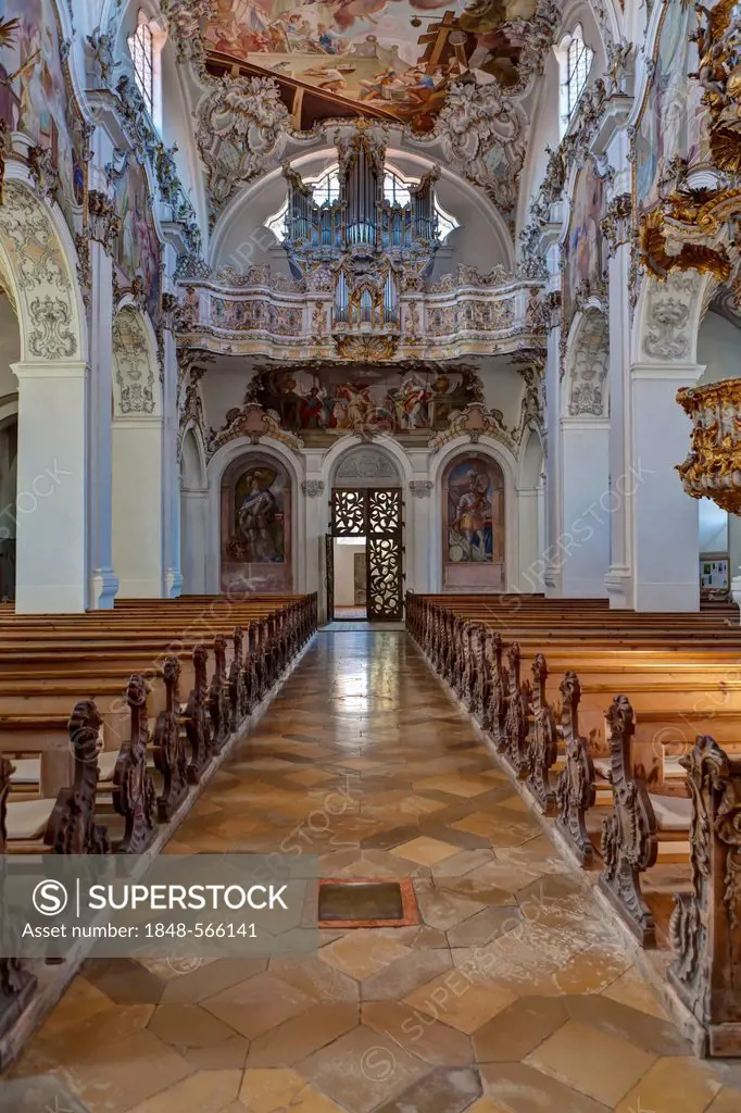 Interior view, the magnificent parish church of St. John the Baptist, old Premonstratensian abbey church, Steingaden, Upper Bavaria, Bavaria, Germany,...