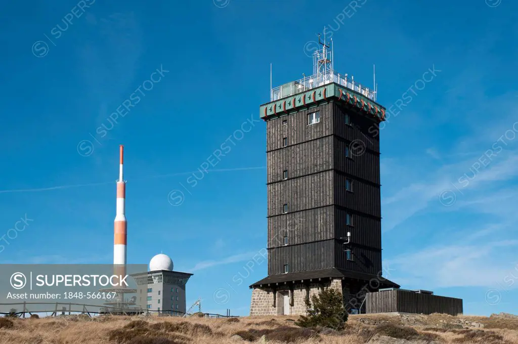 Weather station, Brocken hostel and transmitter mast at the summit plateau, Mt Brocken, Harz National Park, Saxony-Anhalt, Germany, Europe, PublicGrou...