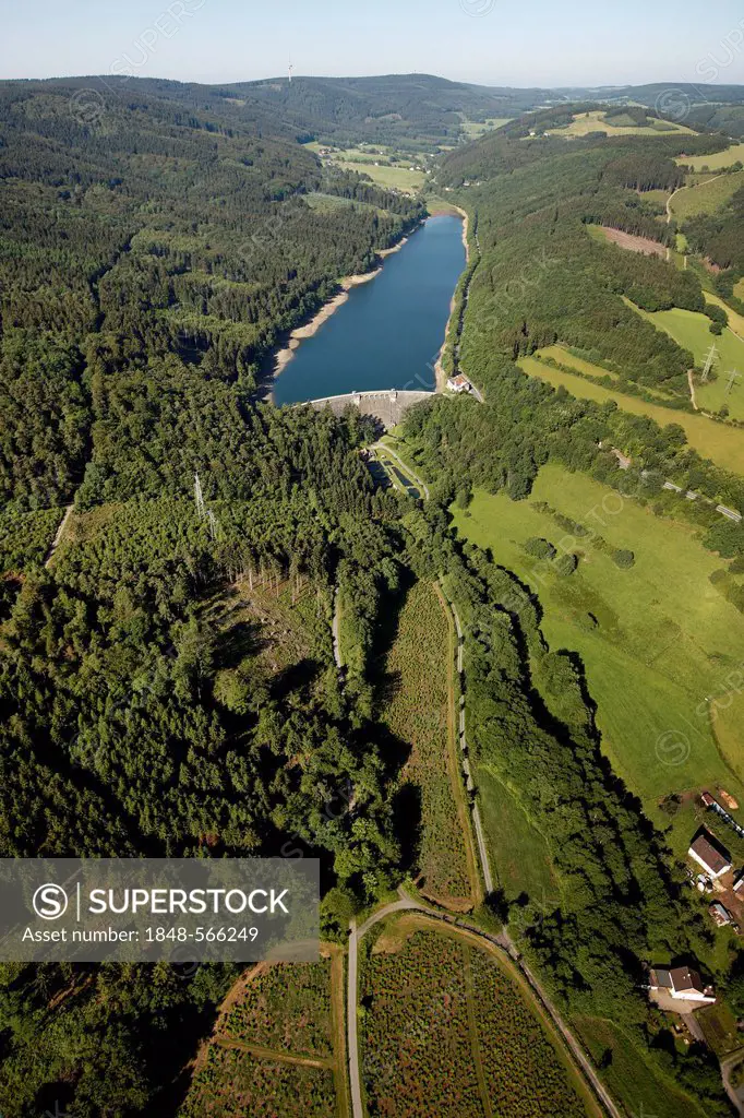 Aerial view, Oester dam, Plettenberg, Sauerland, North Rhine-Westphalia, Germany, Europe