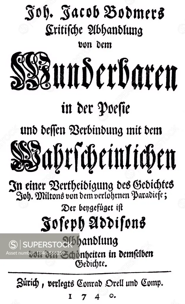 Historic print, 1740, title page by Johann Jakob Bodmer, 1698 - 1783, a Swiss philologist, from Bildatlas zur Geschichte der Deutschen Nationalliterat...