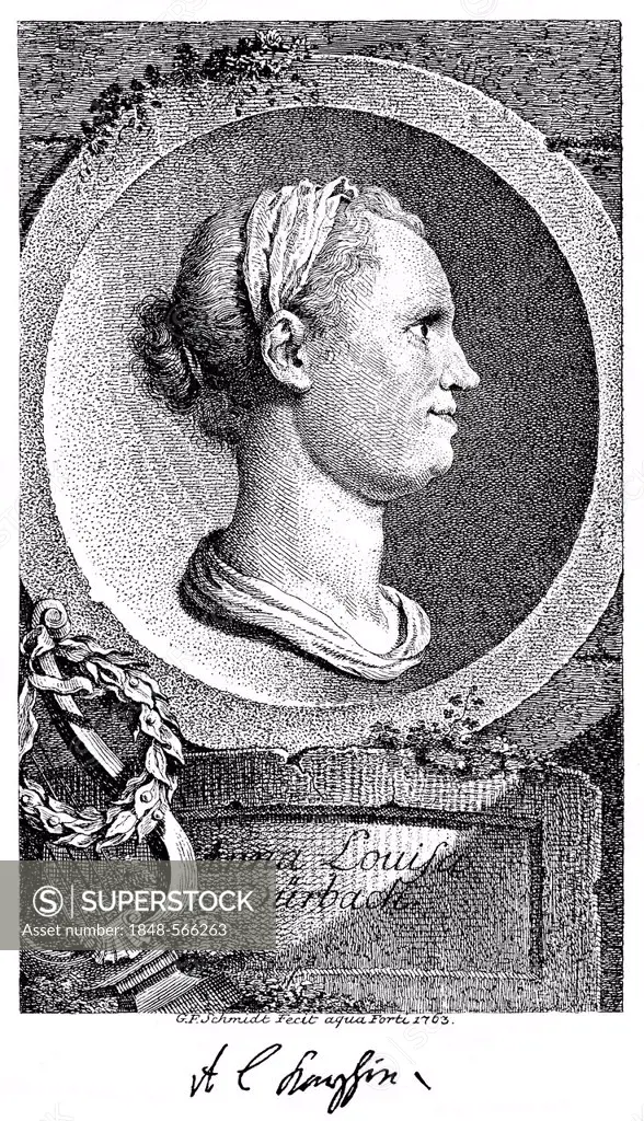 Historic print, copper engraving, 1762, portrait of Anna Louisa Karsch also known as Karschin, 1722 - 1791, a German poet, from Bildatlas zur Geschich...
