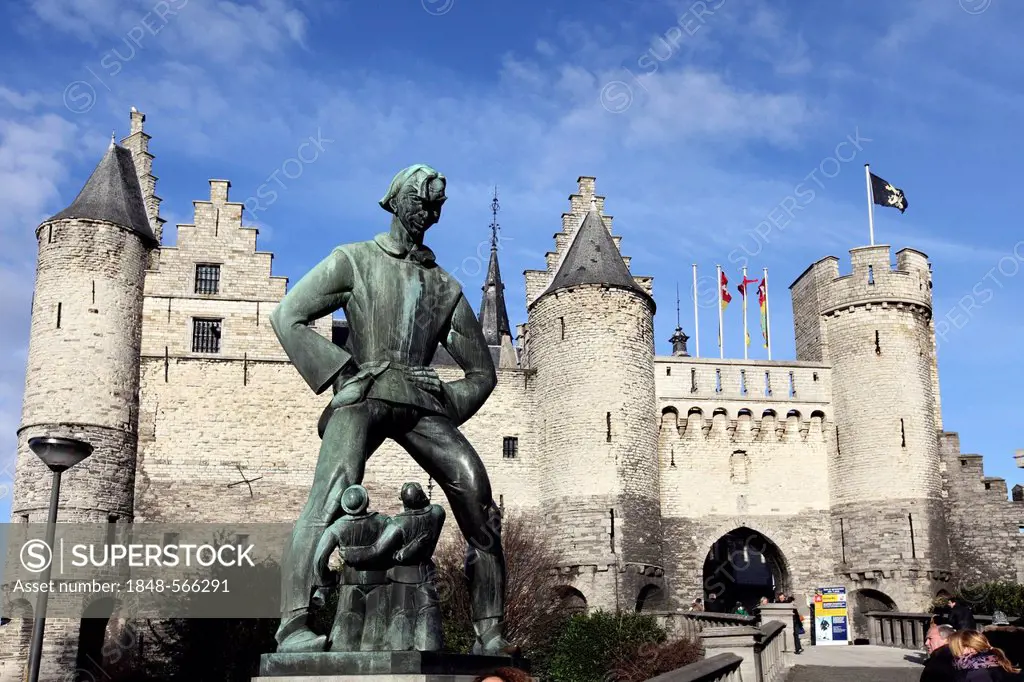 Het Steen fortress, with the Lange Wapper monument, along the Scheldt, on the outskirts of the historic centre, Antwerp, Flanders, Belgium, Europe
