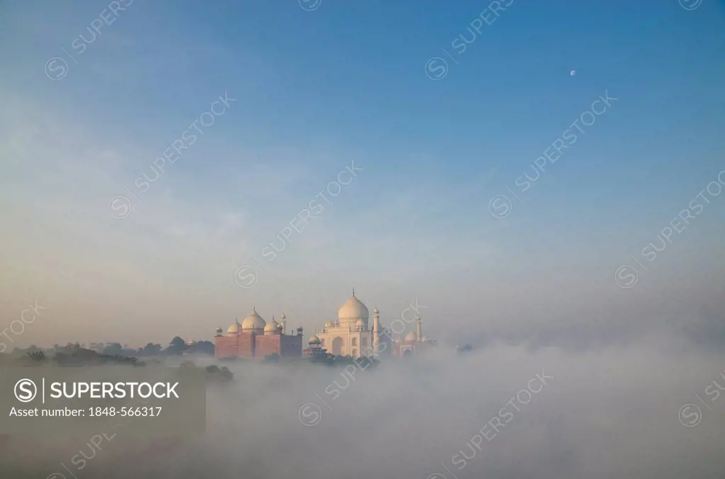 Taj Mahal, UNESCO World Heritage Site, arising out of the morning fog over river Yamuna, Agra, Uttar Pradesh, India, Asia
