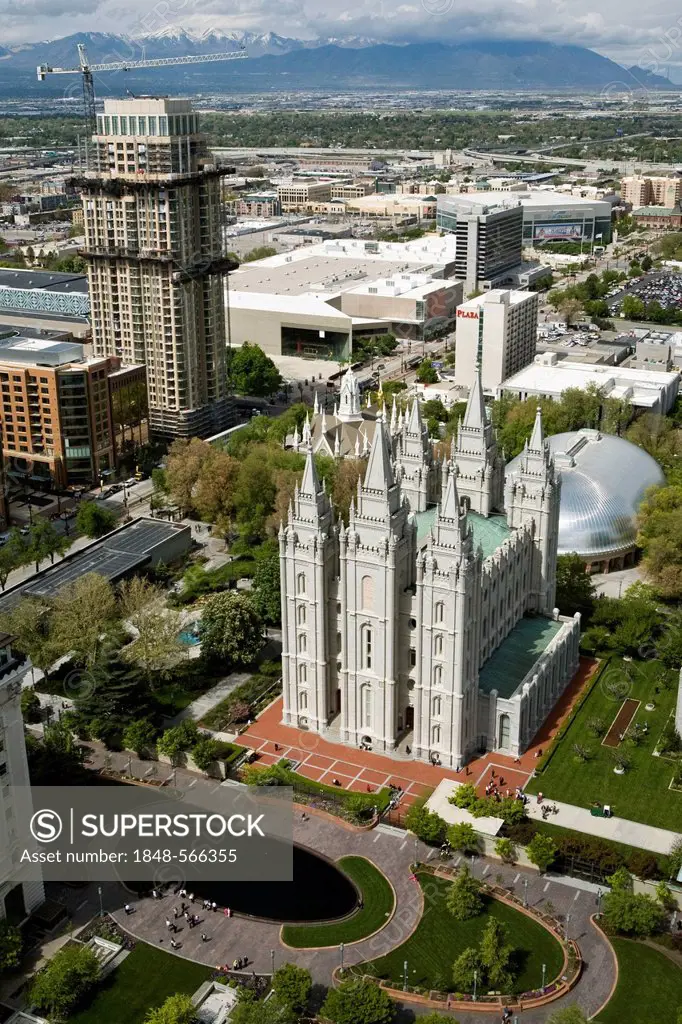Overlooking the city centre with the Salt Lake Temple of The Church of Jesus Christ of Latter-day Saints, Mormons, and the Salt Lake Tabernacle behind...