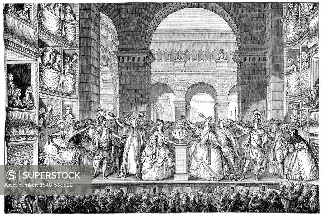 Historical print from the 19th century, the coronation of the bust of Voltaire, a performance of Irene, 1778