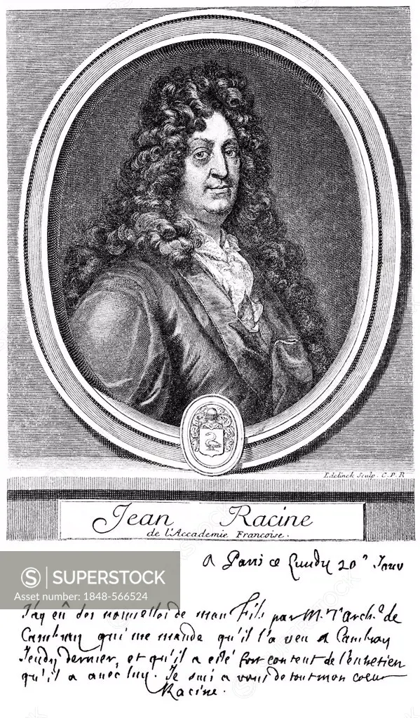 Historical print from the 19th century, portrait of Jean Baptiste Racine, 1639 - 1699, an author of the French classicism