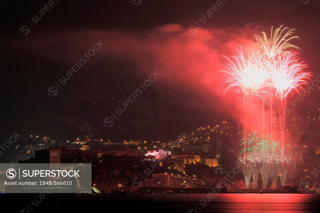 Fireworks over the Principality of Monaco with the motor yacht, A, built by Blohm + Voss GmbH, overall length, 119 metres, built in 2008, owned by And...