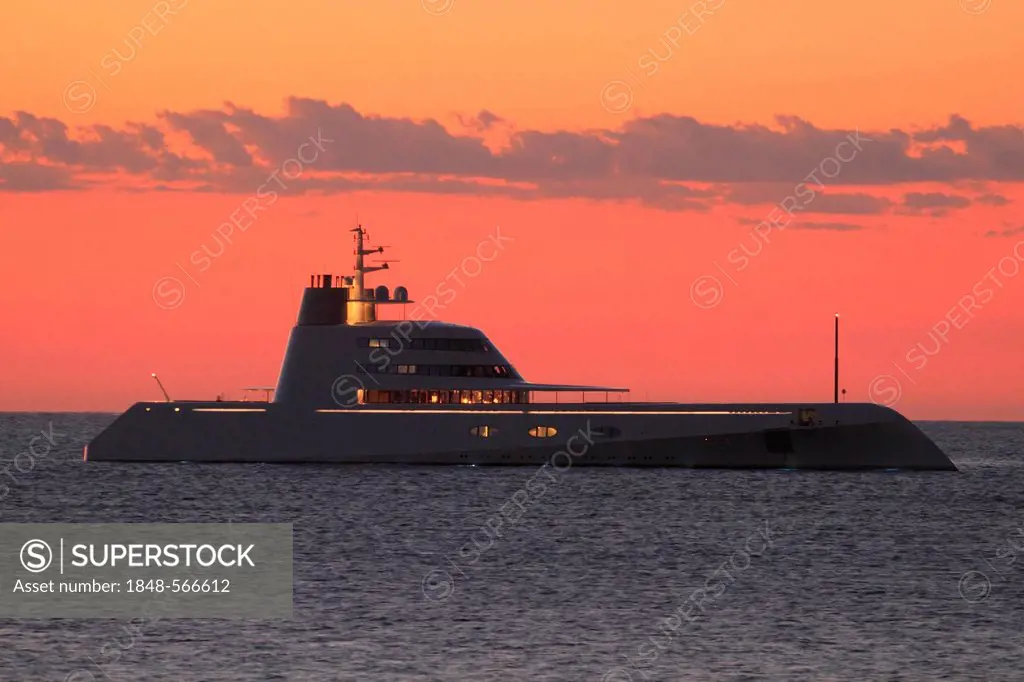Motor yacht, A, built by Blohm + Voss GmbH, overall length, 119 metres, built in 2008, owned by Andrei Melnichenko, before sunrise on the Cote d'Azur,...
