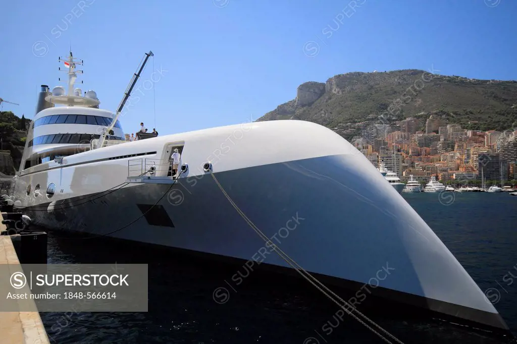Motor yacht, A, built by Blohm + Voss GmbH, overall length, 119 metres, built in 2008, owned by Andrei Melnichenko, in Port Hercule, Principality of M...