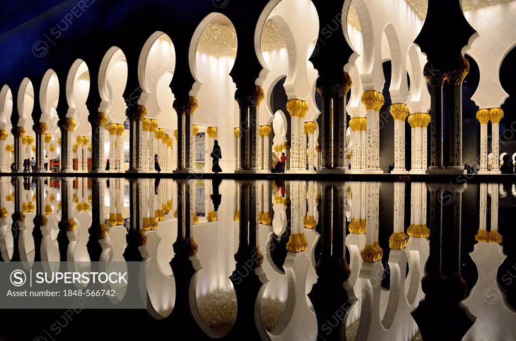 Water reflection in the Sheikh Zayed Mosque, Abu Dhabi, United Arab Emirates, Arabian Peninsula, Asia