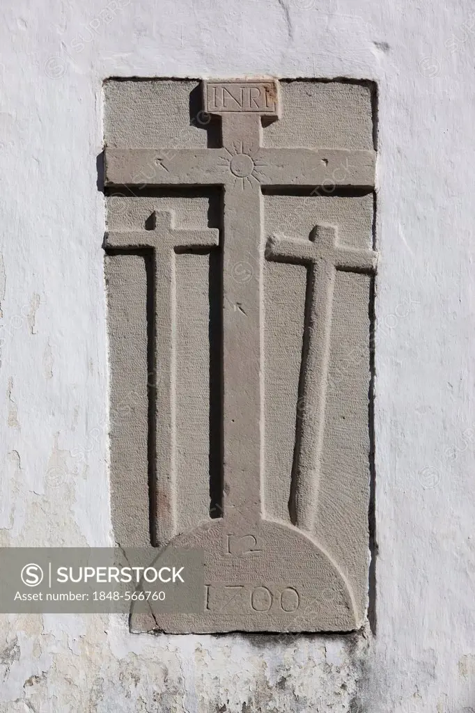 Three stone crosses on a wall, Faro, Algarve, Portugal, Europe