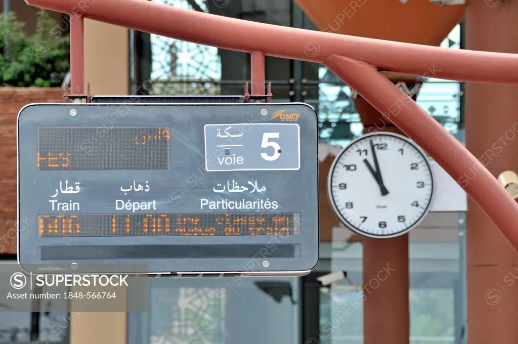 Information sign and clock, train station in Meknes, Morocco, Africa, PublicGround