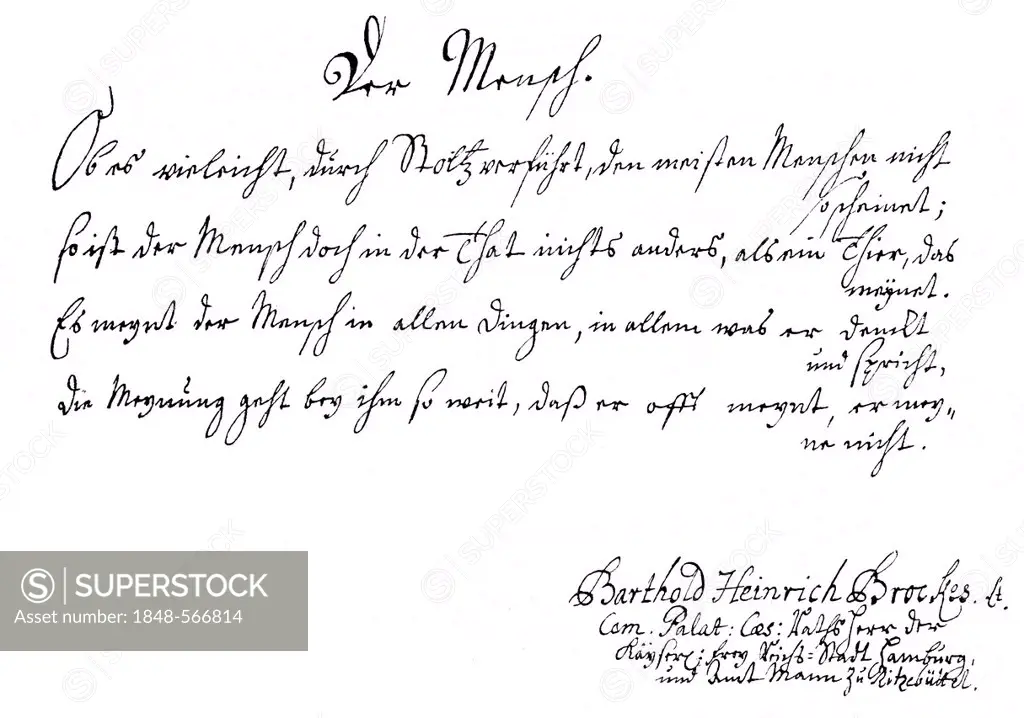 Historic manuscript, page of the family register of Barthold Heinrich Brockes also known as Bertold Hinrich Brockes, 1680 - 1747, a German writer and ...