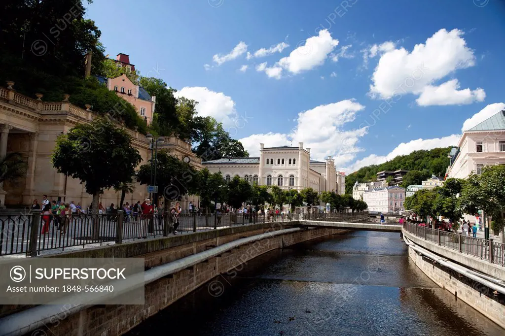Promenade with view over casino and spa resort hotels, Karlovy Vary, also Karlsbad or Carlsbad, Western Bohemia, Czech Republic, Europe